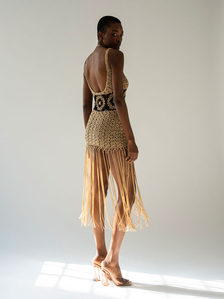 Tank Chain Motif Waist Mini Dress with Fringes | Handmade Crochet