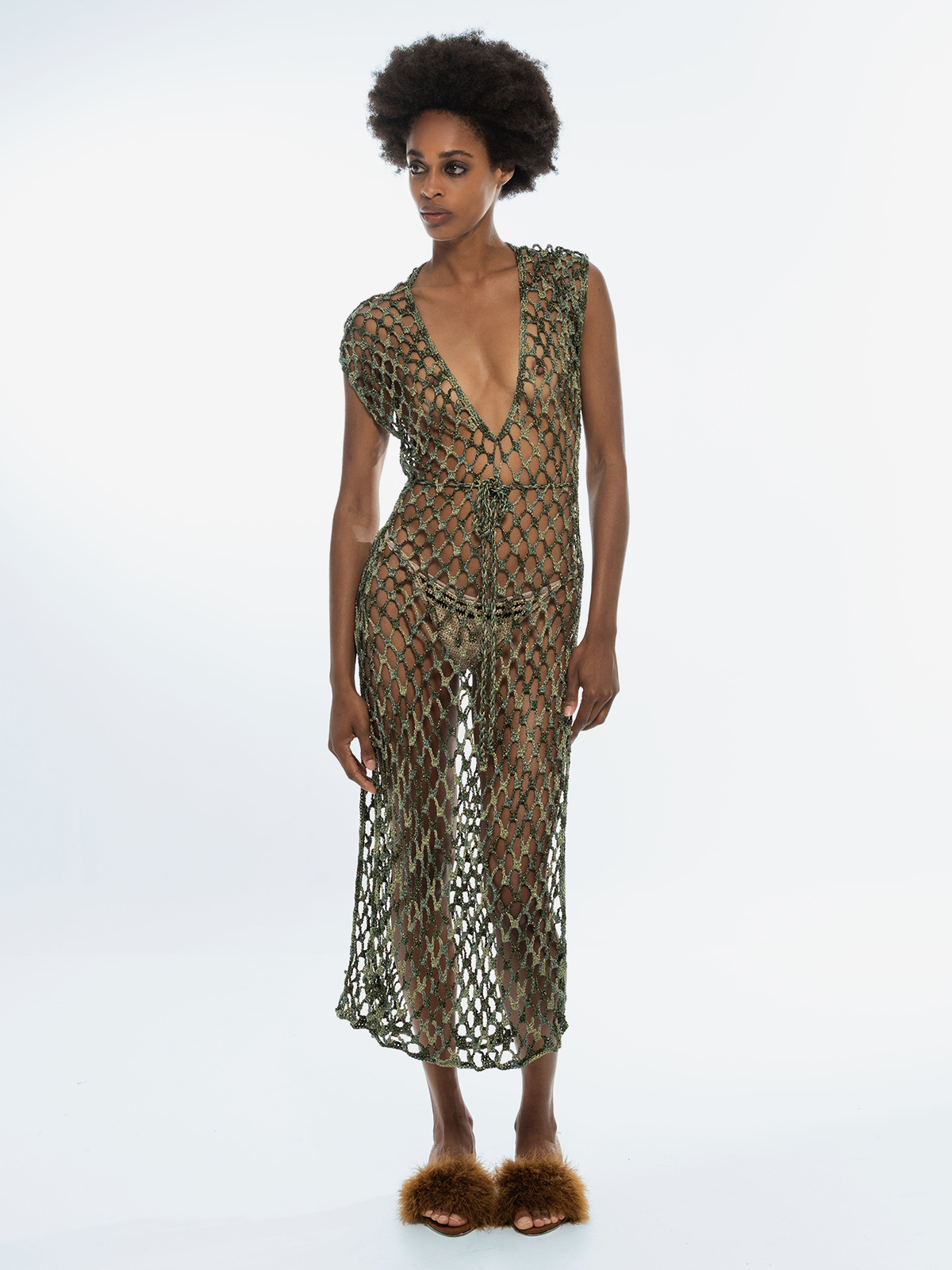 Lace 2ColorsCombi Deep SS V-neck Long Dress.Open Sides • Hndmade Crochet