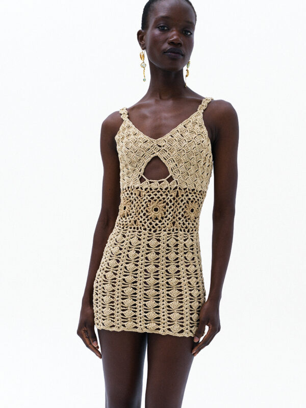 handmade crochet mini dress, metallic crochet dress, body conscious crochet dress, cut out mini dress, crochet summer dress, resort dress
