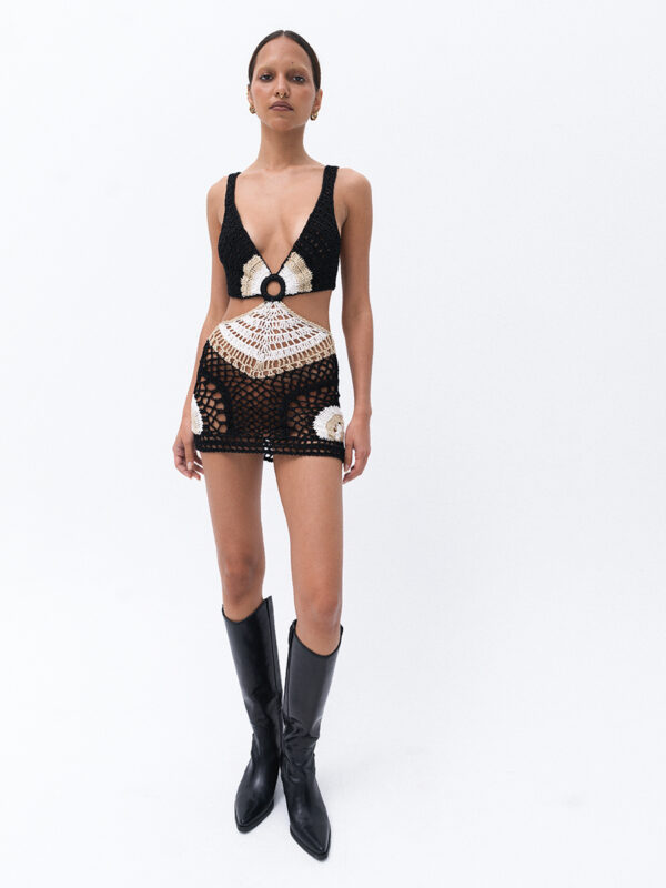 handmade crochet mini dress, two tone crochet dress, cut out mini dress, open back crochet dress, resort mini dress, open knit dress